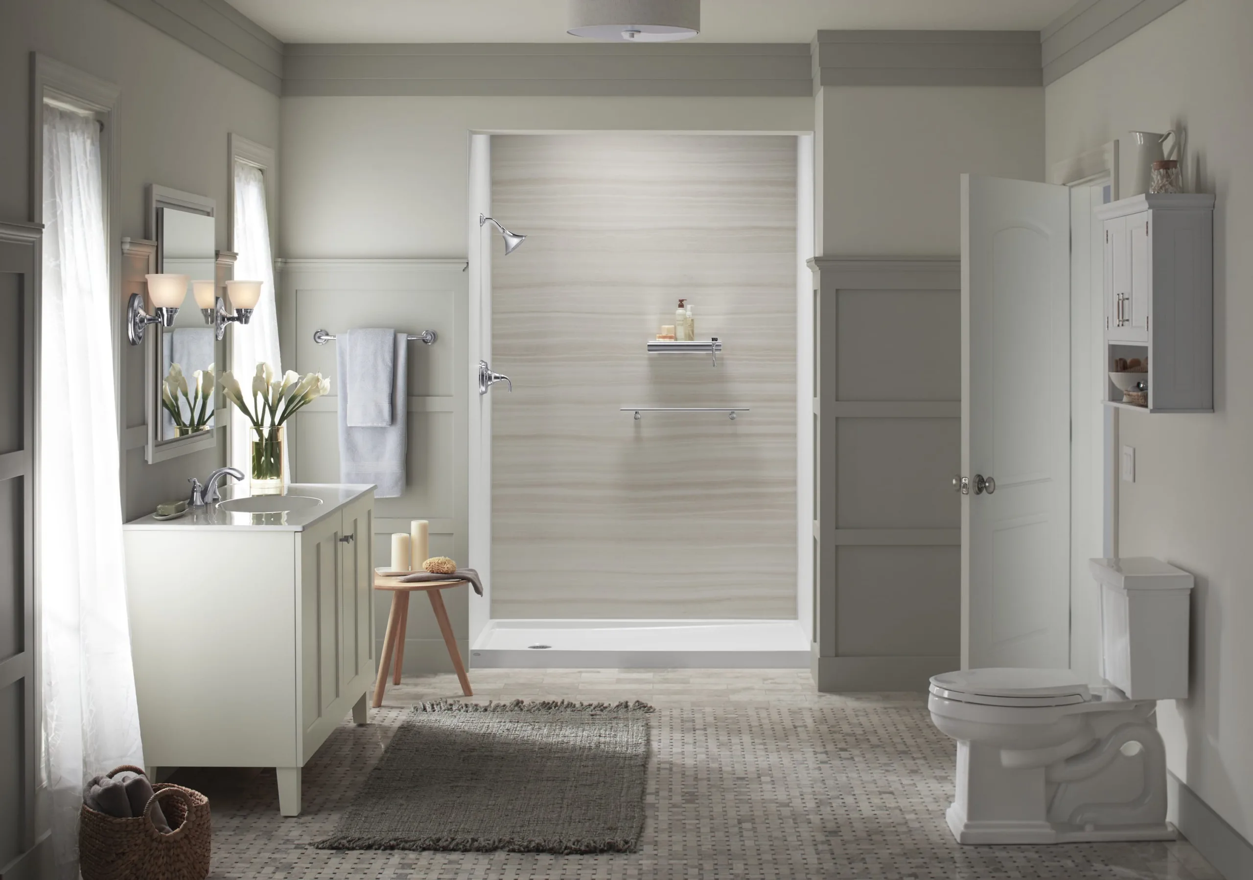 Modern bathroom with walk-in shower and glass door