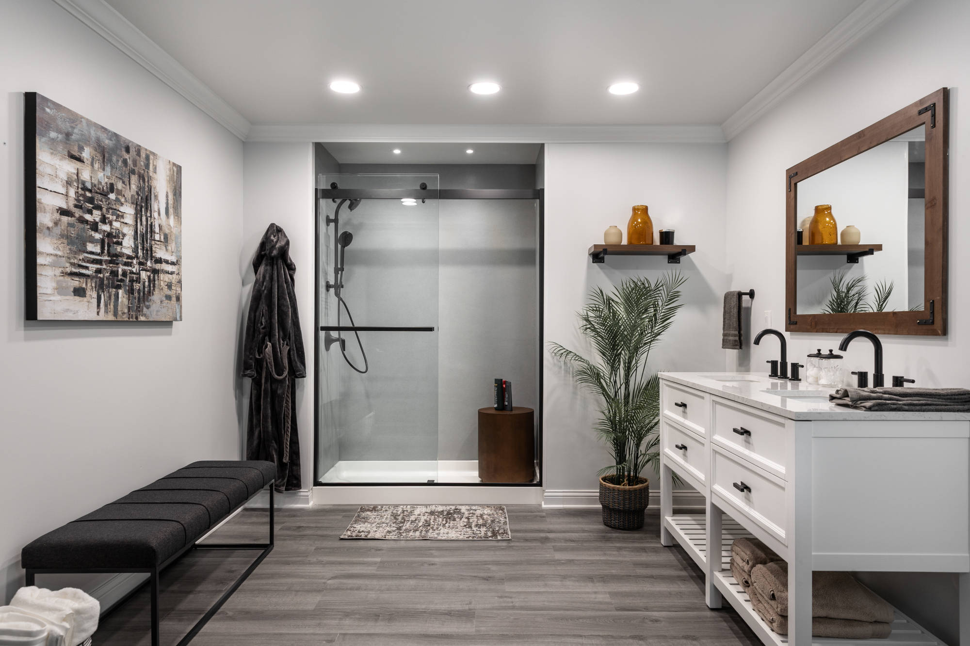 Modern bathroom with double sink vanity and walk in shower
