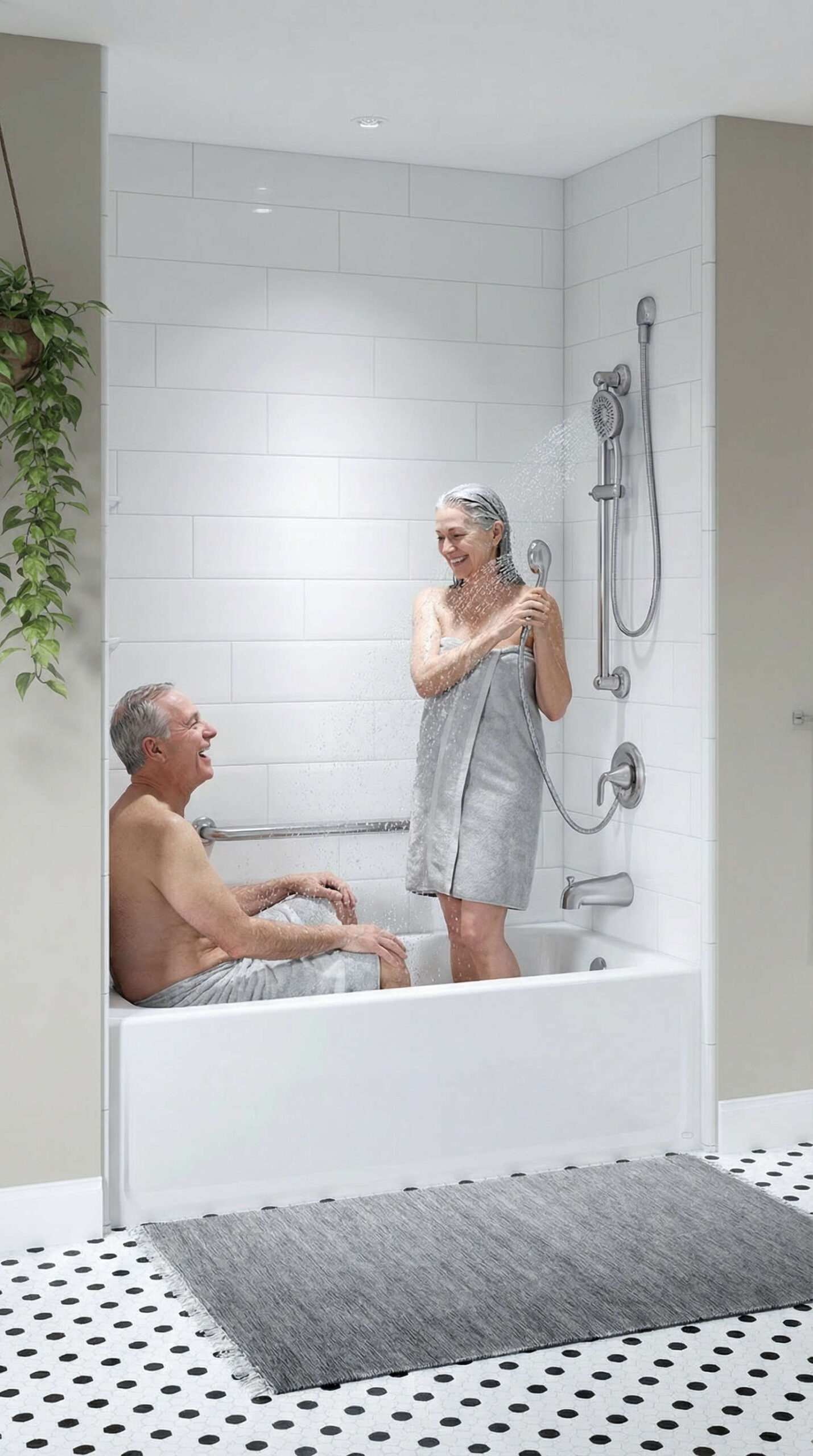 Older couple smiling and relaxing in a bathtub shower combo.