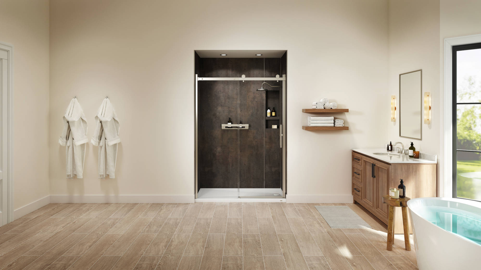A bathroom with a walk-in shower featuring a dark colored