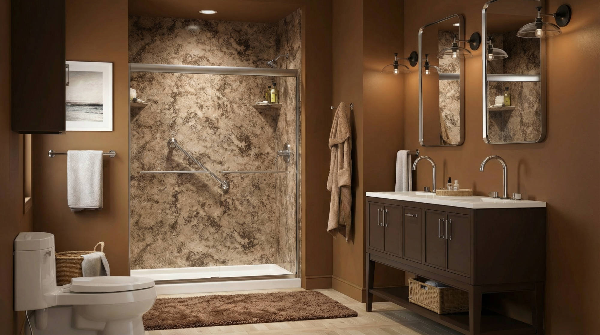 Walk-in shower with stone-look wall panels