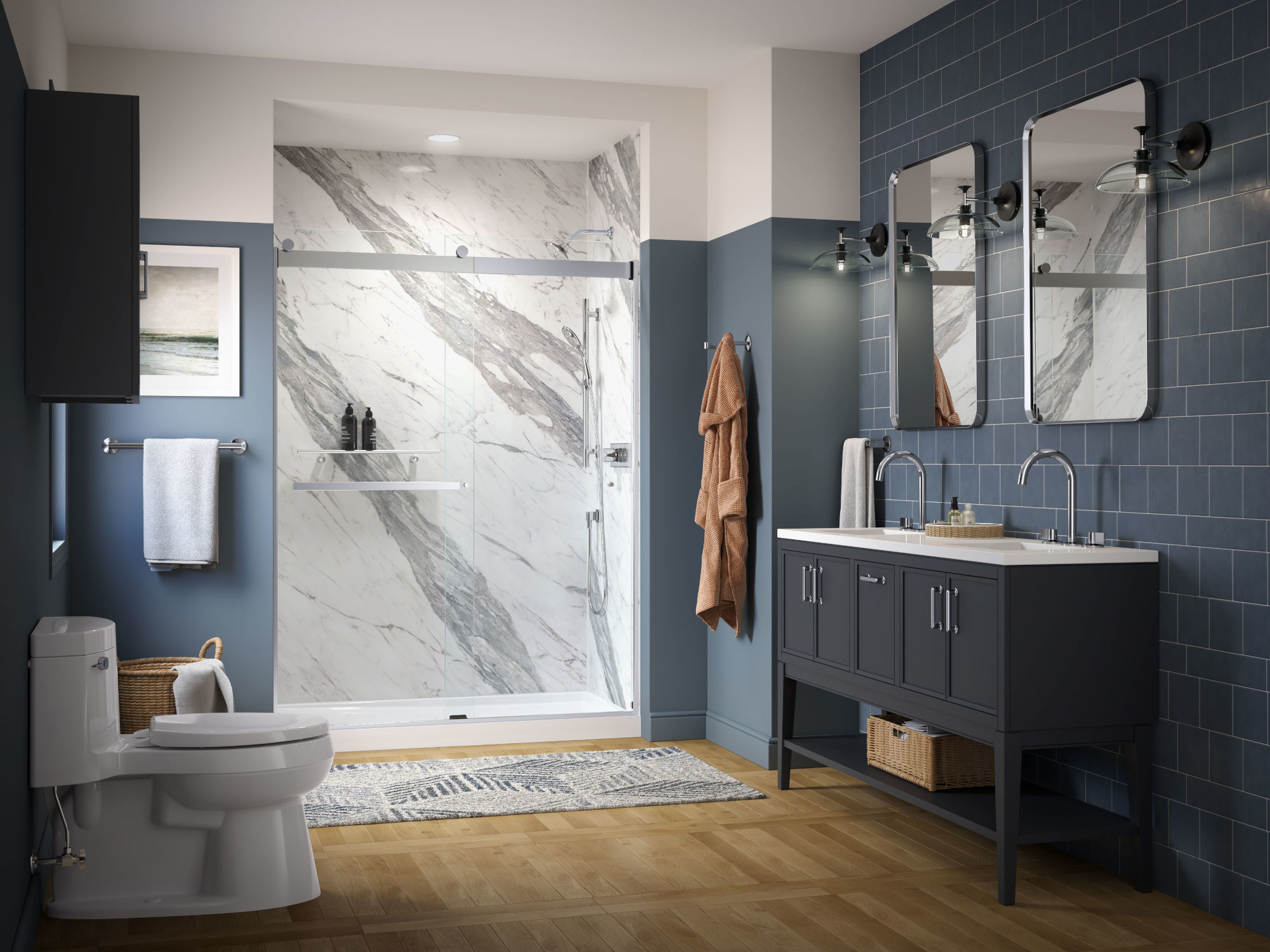 A blue tiled bathroom with a double vanity sink and walk-in shower.