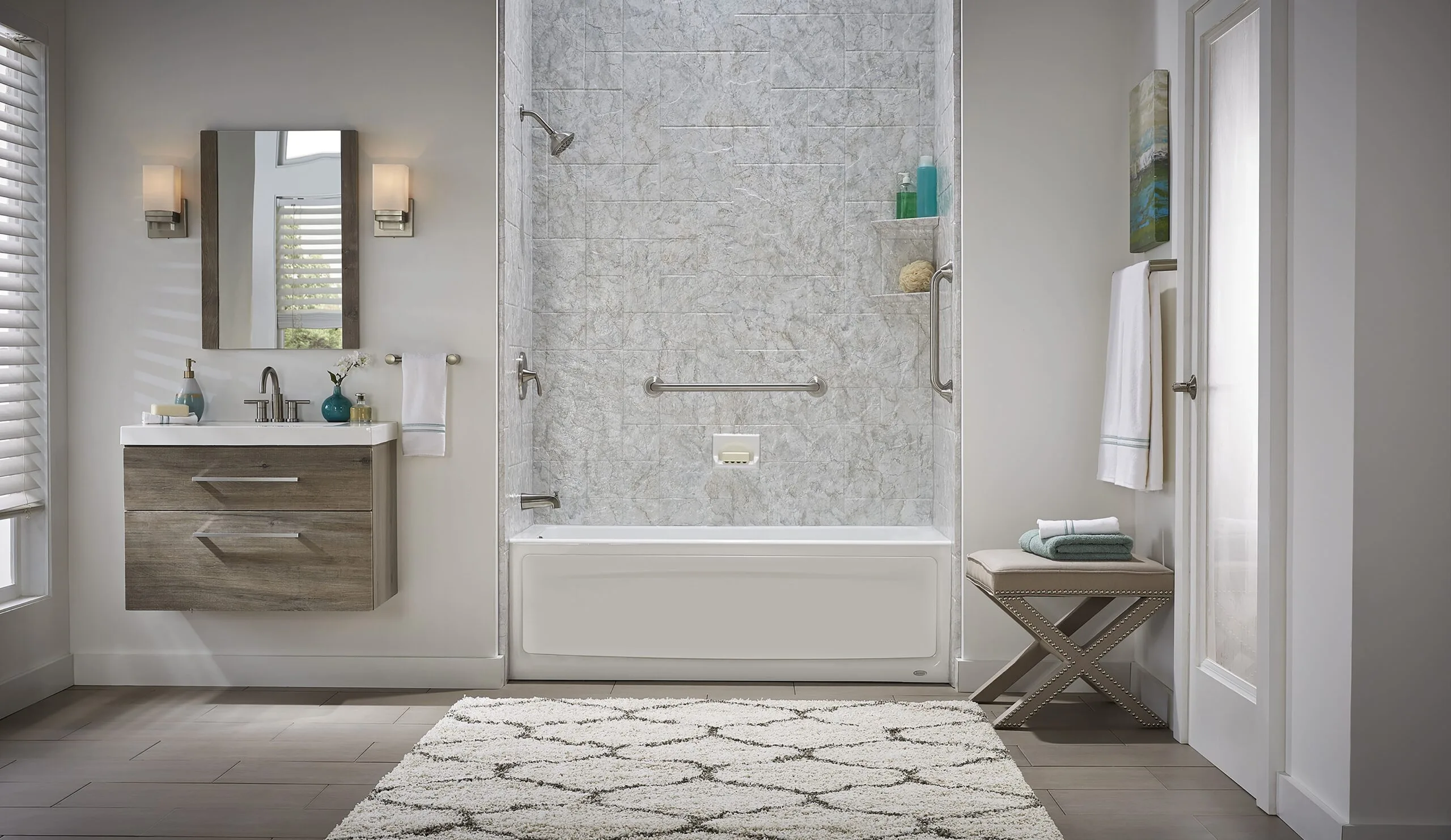 Bathroom with gray stone shower surround and teal shower curtain