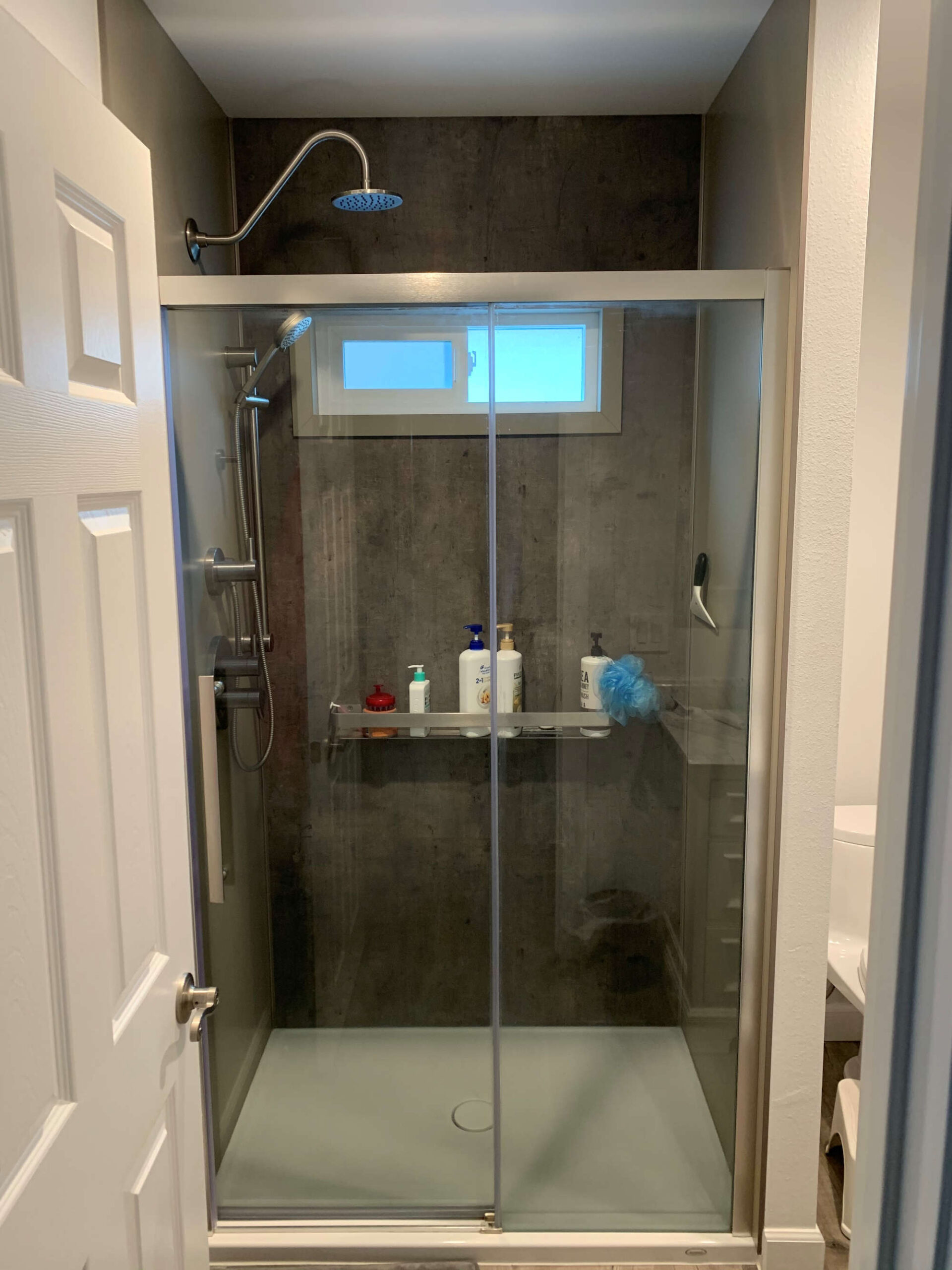 Glass walk-in shower with dark wall panels