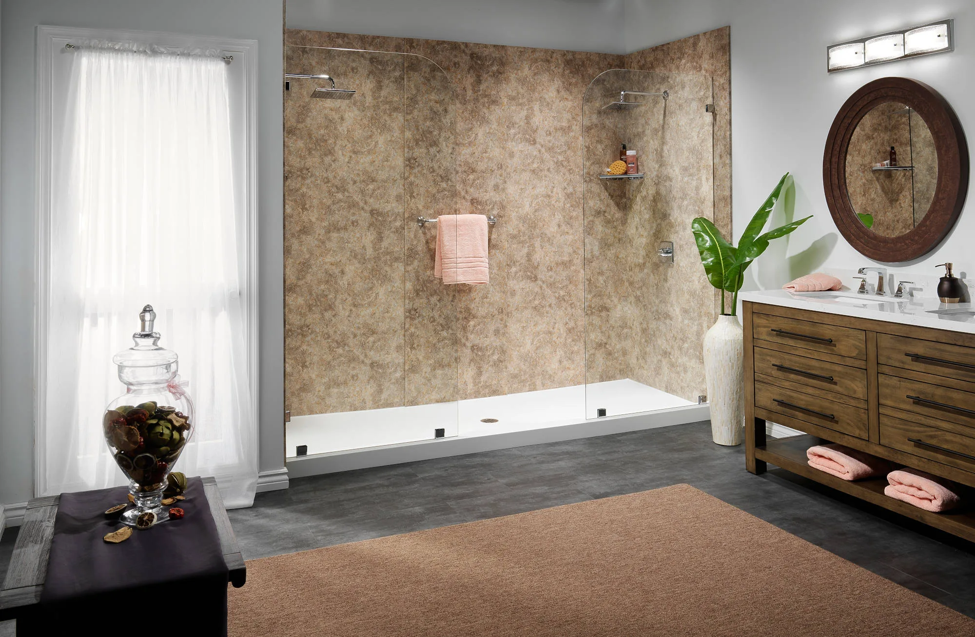 Modern bathroom with a large glass enclosed shower