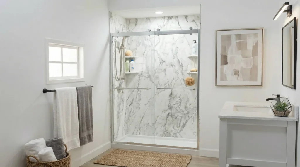 Modern bathroom with glass walk-in shower