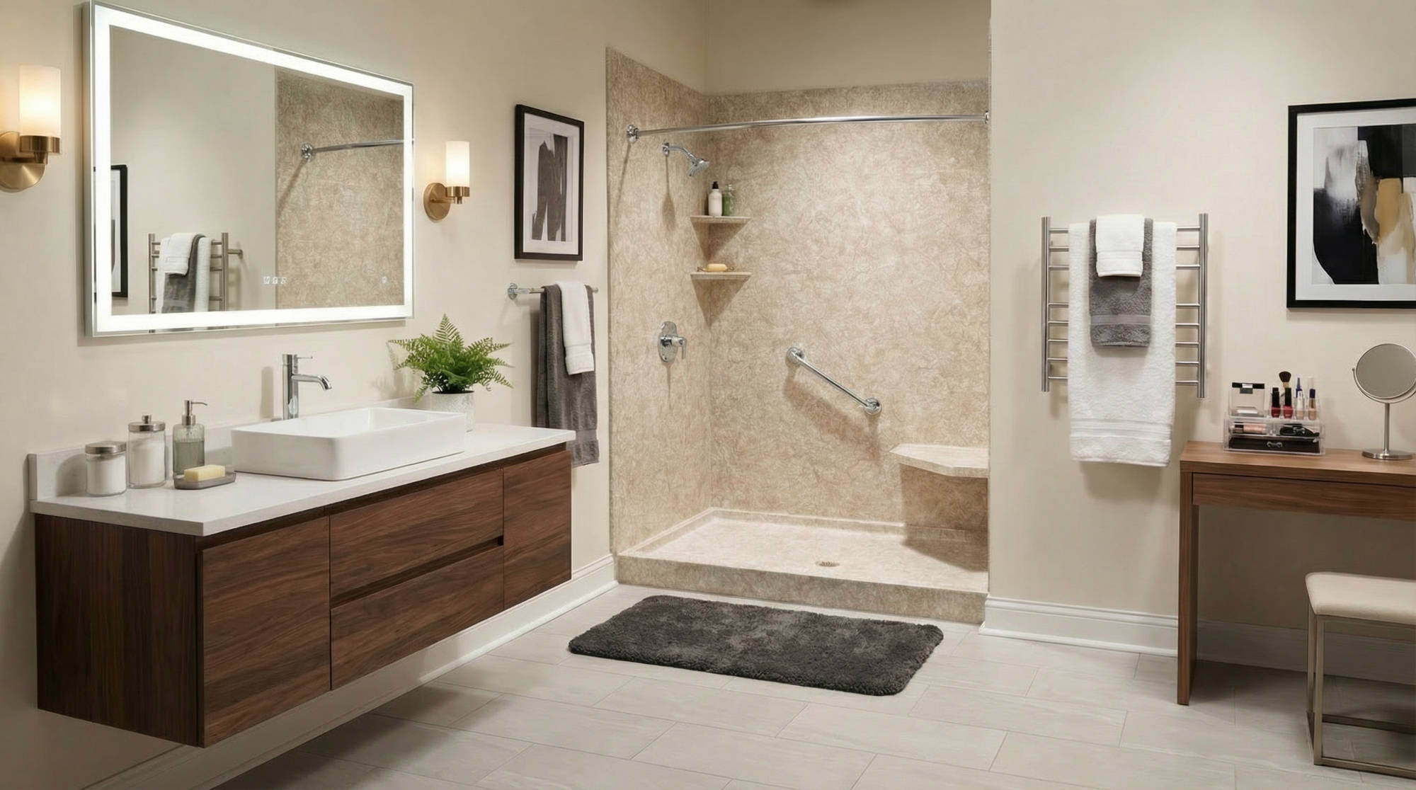 An open bathroom with floating sink and a walk-in shower
