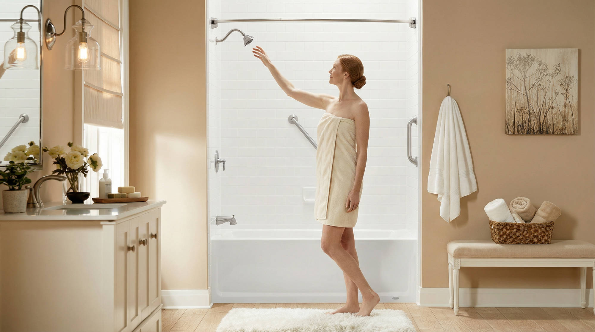 Woman standing in a walk-in shower adjusting the showerhead in a modern bathroom