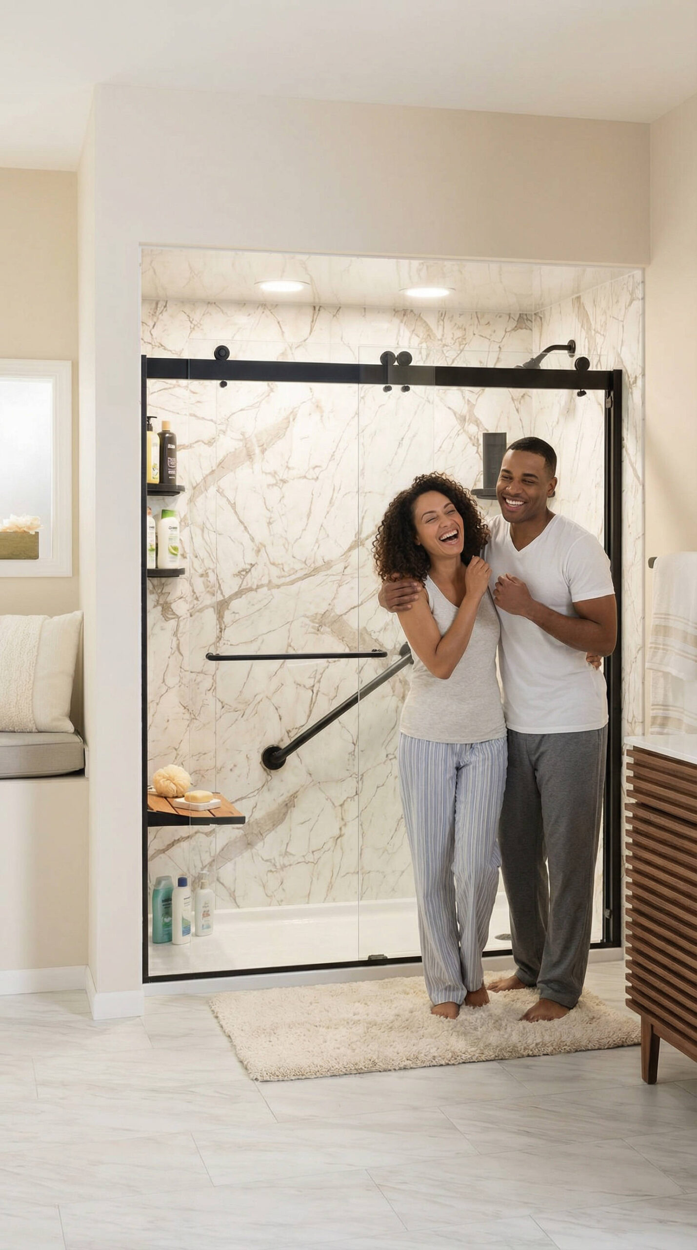 A smiling couple standing in front of a modern walk-in shower featuring marble surrounds, grabs bars, and a seat.