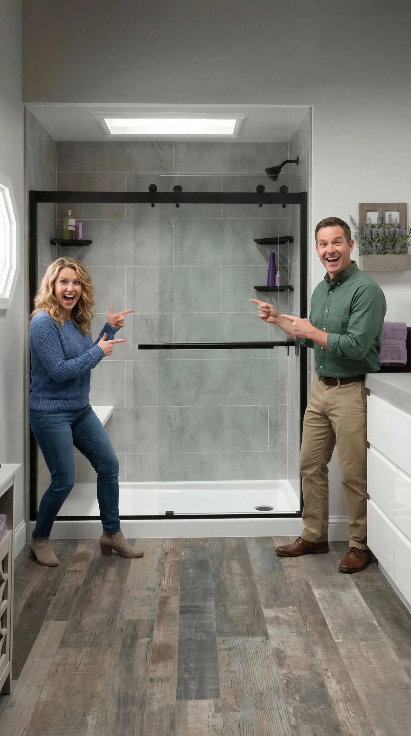A couple smiling and pointing at a modern walk-in shower.