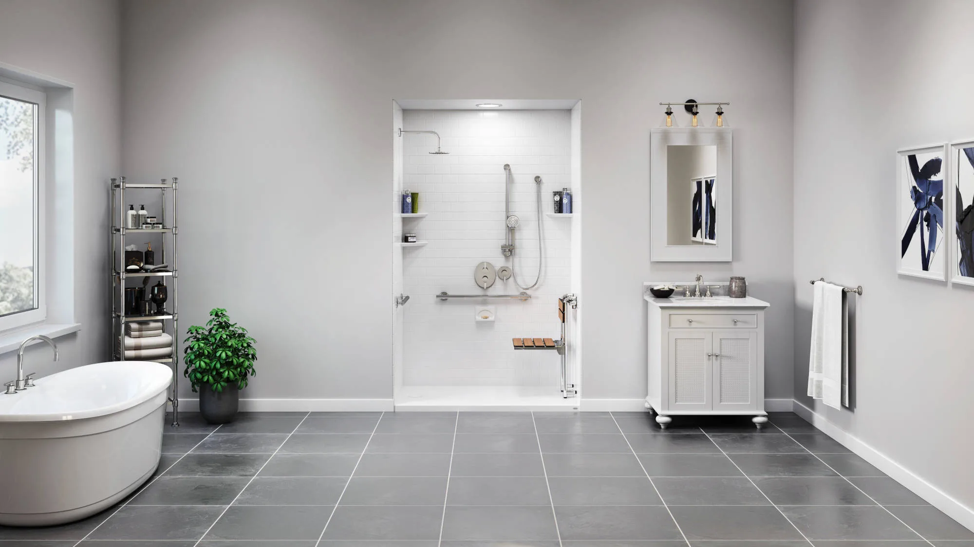 Accessible walk-in shower with grab bars, handheld showerhead, and built-in bench in spacious modern bathroom.