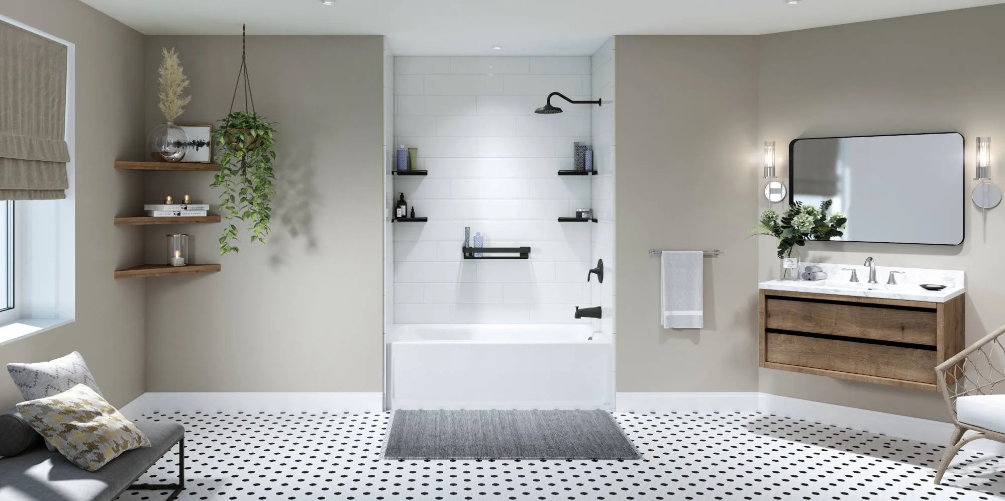 White subway-tile tub and shower with black fixtures and wood vanity