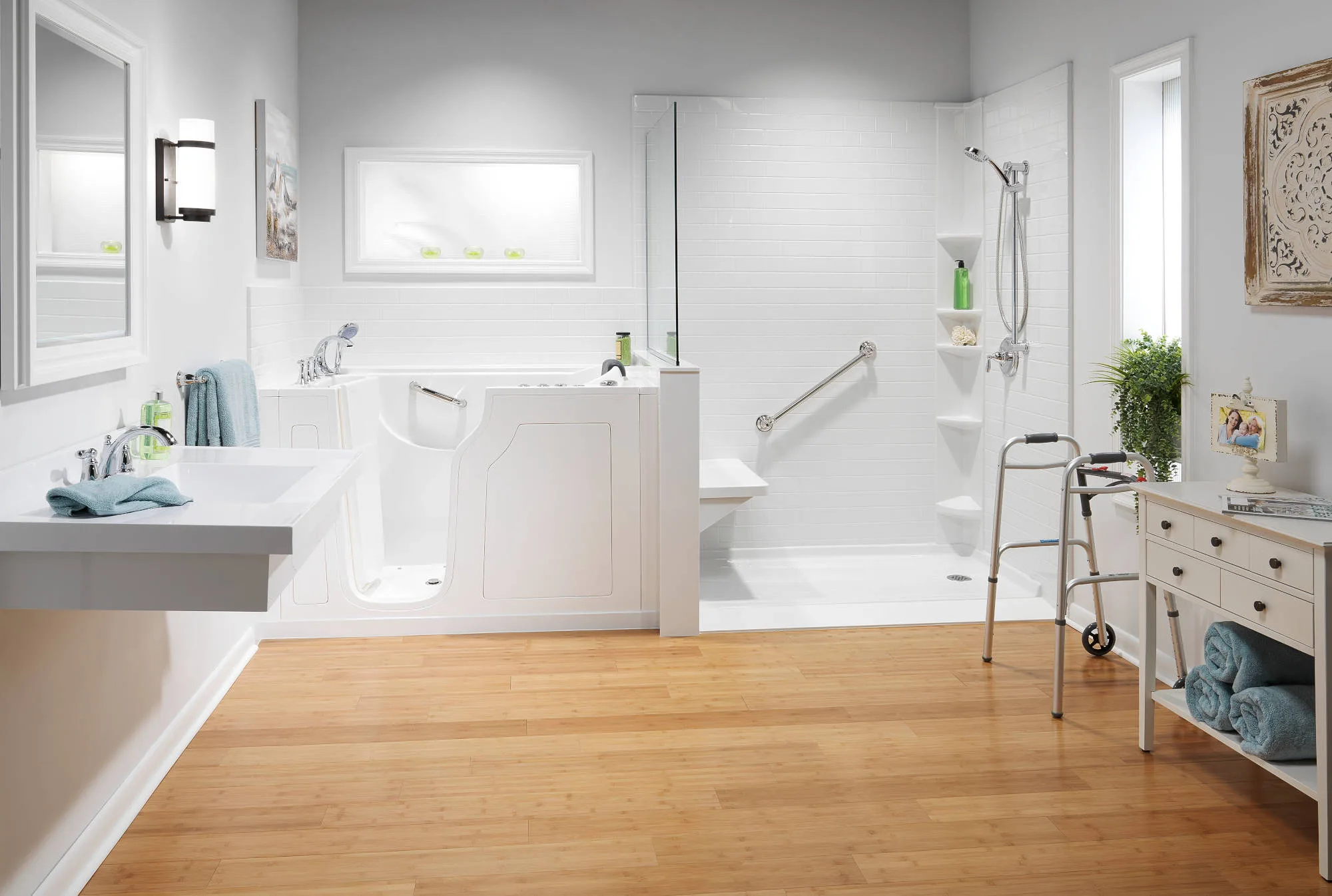 Accessible white bathroom with walk-in tub, roll-in shower and walker