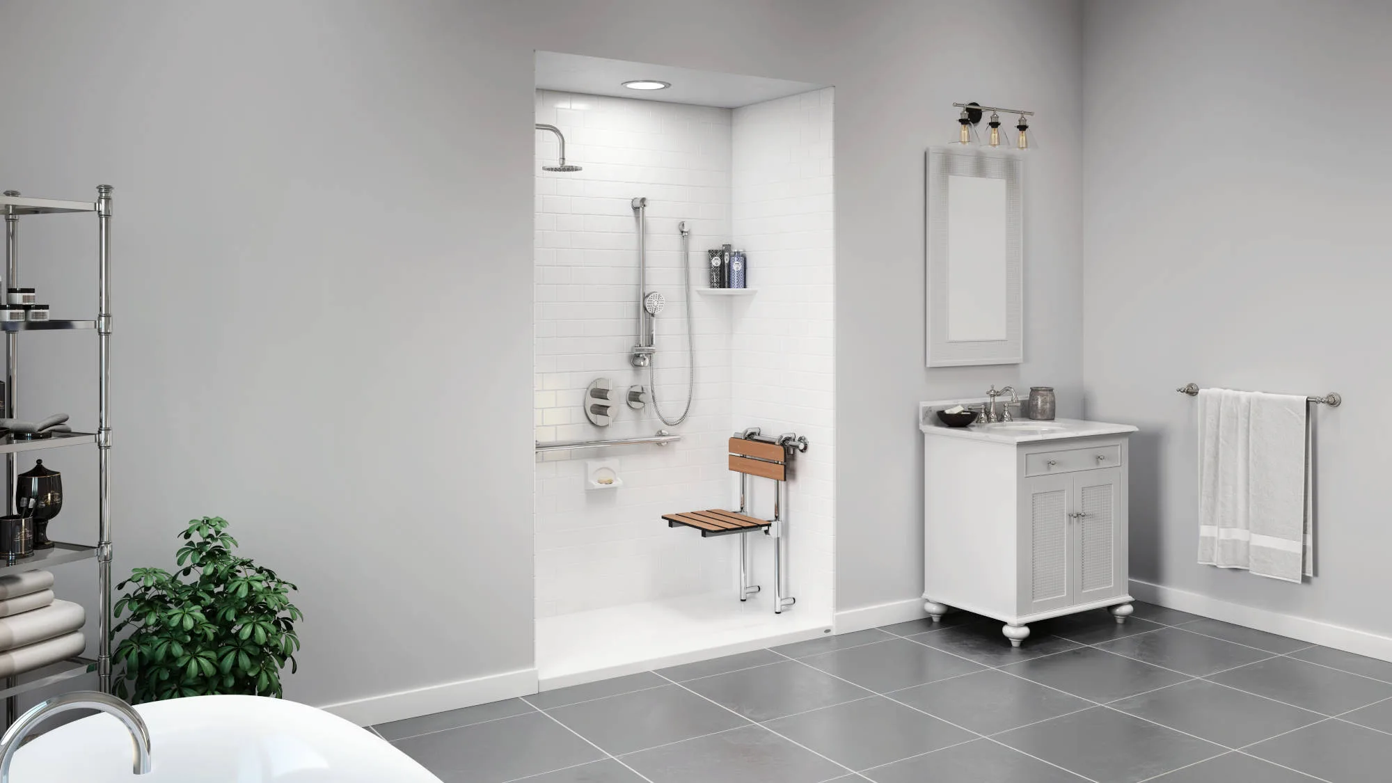 White accessible shower with grab bars and fold-down teak seat