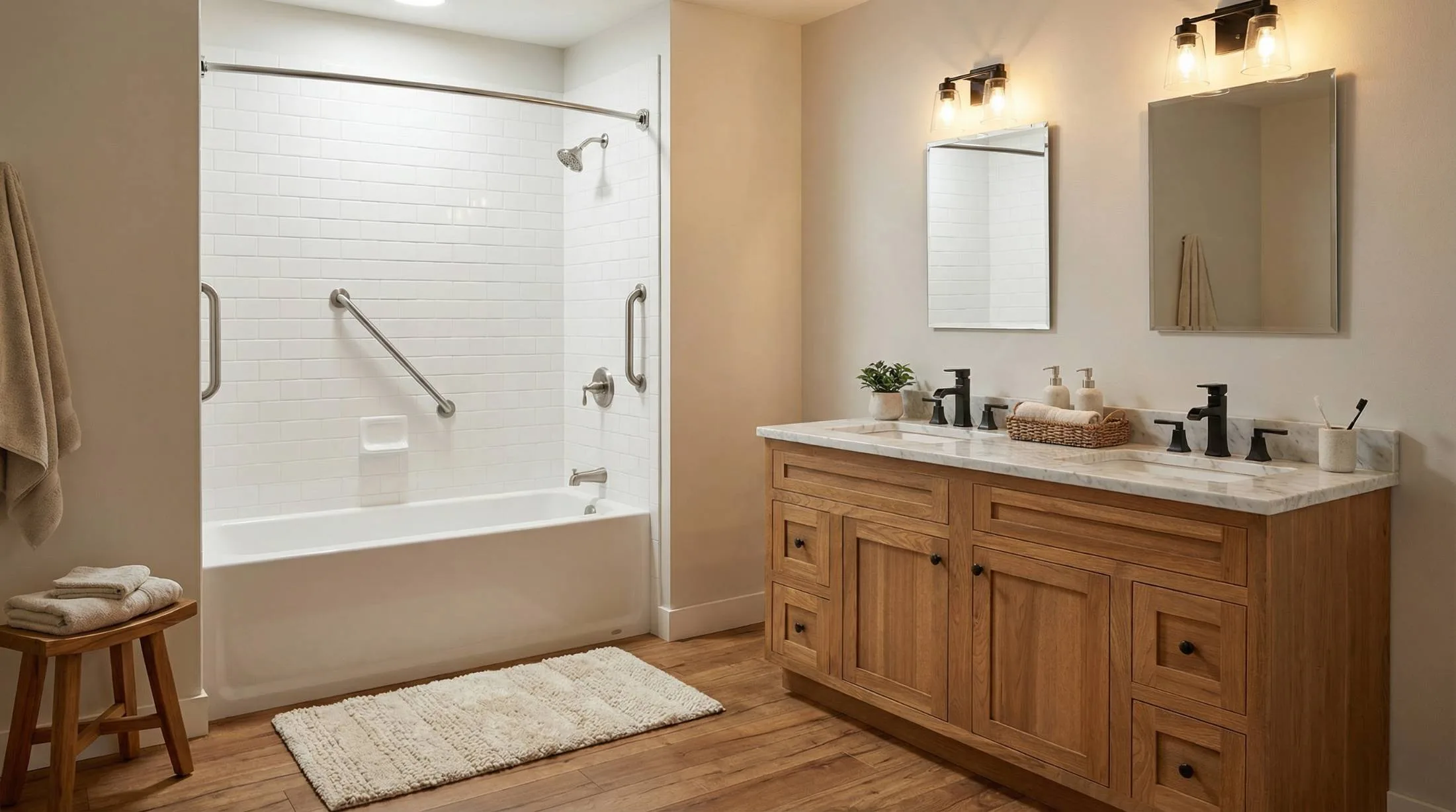 Wood double vanity and glass shower enclosure in a beige bathroom
