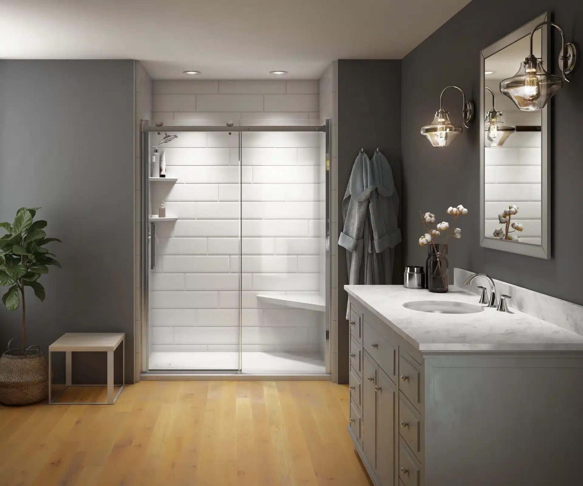 Gray bathroom with a white subway-tile walk-in shower and marble vanity