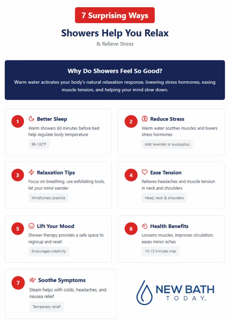 Infographic outlining seven ways showers help you relax and relieve stress