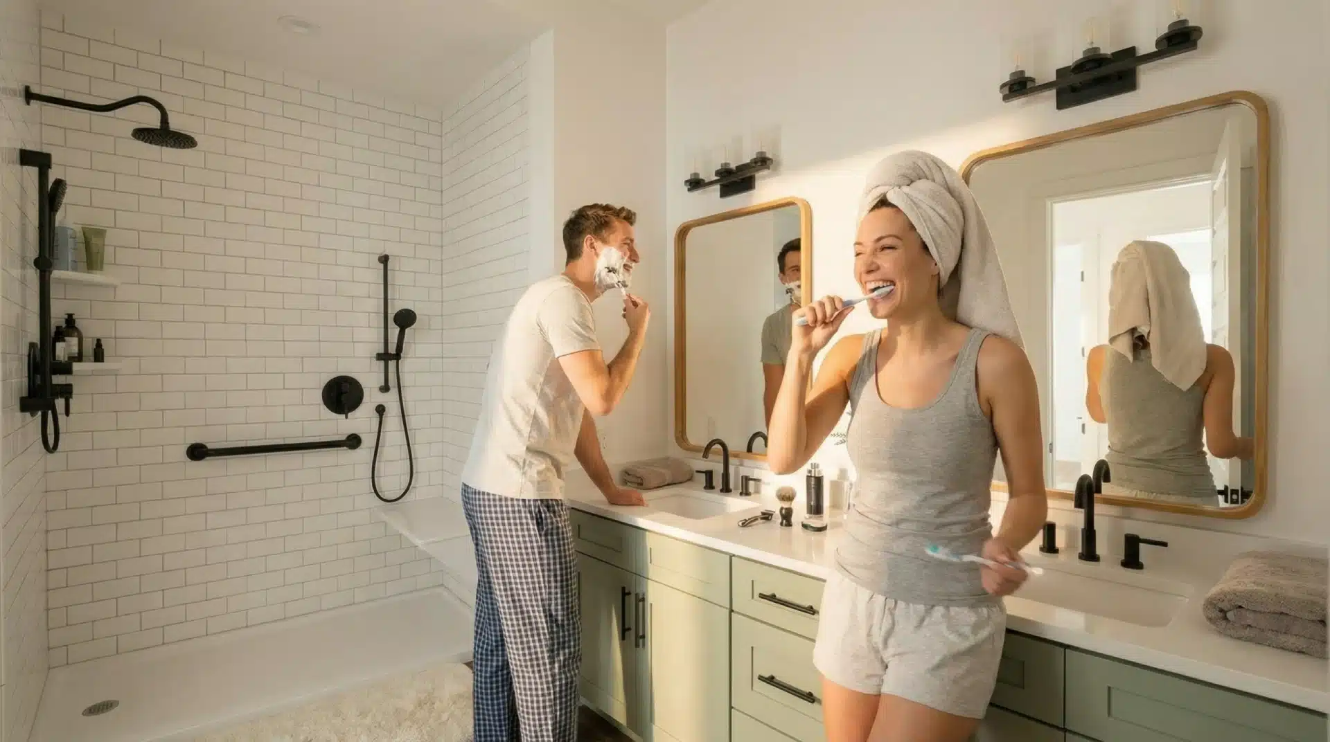 Woman brushing her teeth at a double-sink bathroom vanity while a man shaves, with a white tile walk-in shower in the background